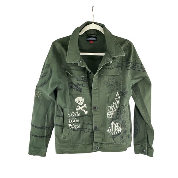 Black Pike Handcrafted Olive Green Denim Jacket Graphic Button Front  Size S - Picture 2 of 9